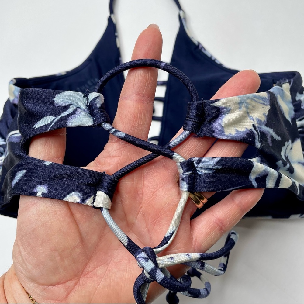 SOLD Athleta Aqualuxe Floral Loop Bikini Set Women’s Small Navy Blue Halter - Picture 8 of 16